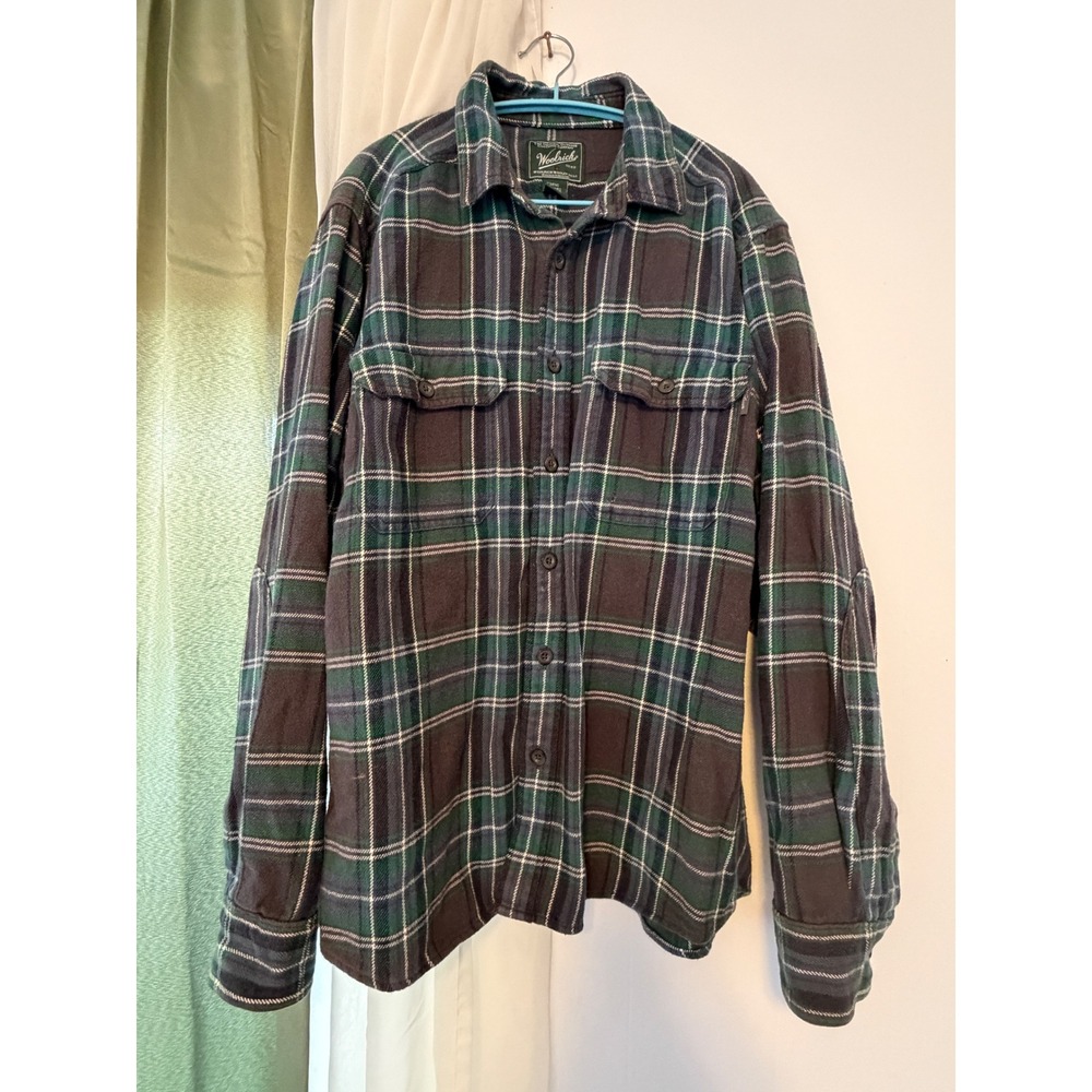 Woolrich Flannel‎ Shirt Mens Large Green Plaid Cotton Button Down